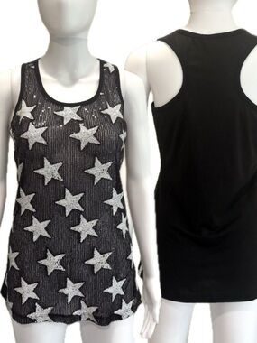 Deb Star Sequin Embroidered Mesh Jersey Tank Top Womens Small Racer Back Y2K